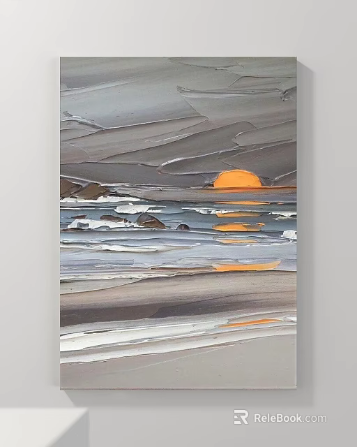 Seascape Landscape Painting With Orange Sunset Gray Tones Waves Rocks And Water Reflections 3d model 