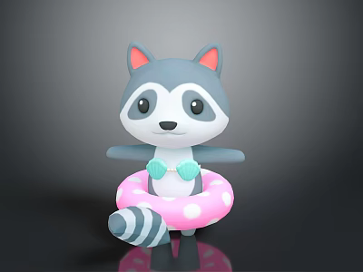 Cartoon Raccoon with Pink Ears Blue Bow Tie Striped Tail on Polka Dot Swim Ring 3d model
