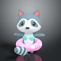 Cartoon Raccoon with Pink Ears Blue Bow Tie Striped Tail on Polka Dot Swim Ring