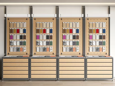 Four Shelving Units Displaying Various Color Swatches With Lower Drawers 3d model