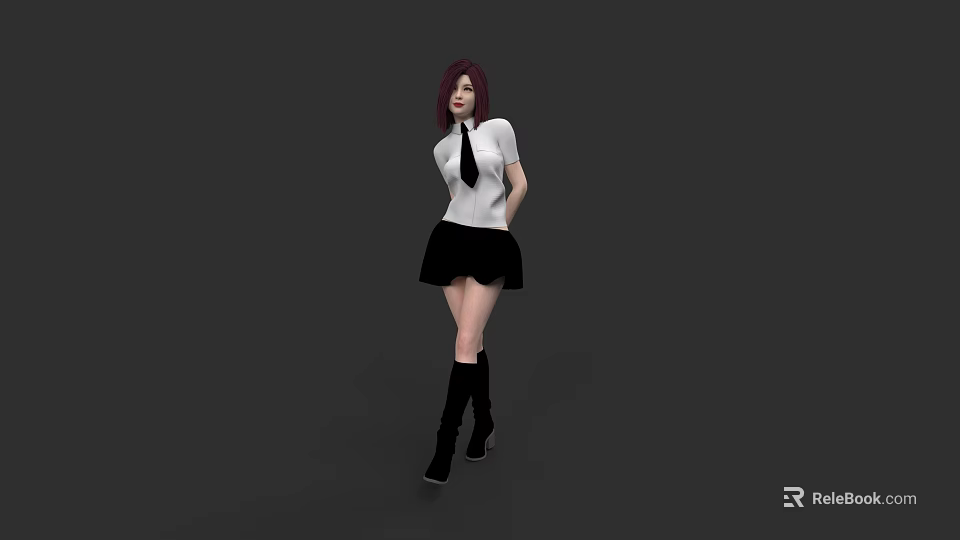 Red Haired Woman In White Shirt Black Tie Skirt And Boots Against Gray Background 3d model 