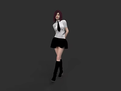 Red Haired Woman In White Shirt Black Tie Skirt And Boots Against Gray Background 3d model