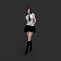 Red Haired Woman In White Shirt Black Tie Skirt And Boots Against Gray Background
