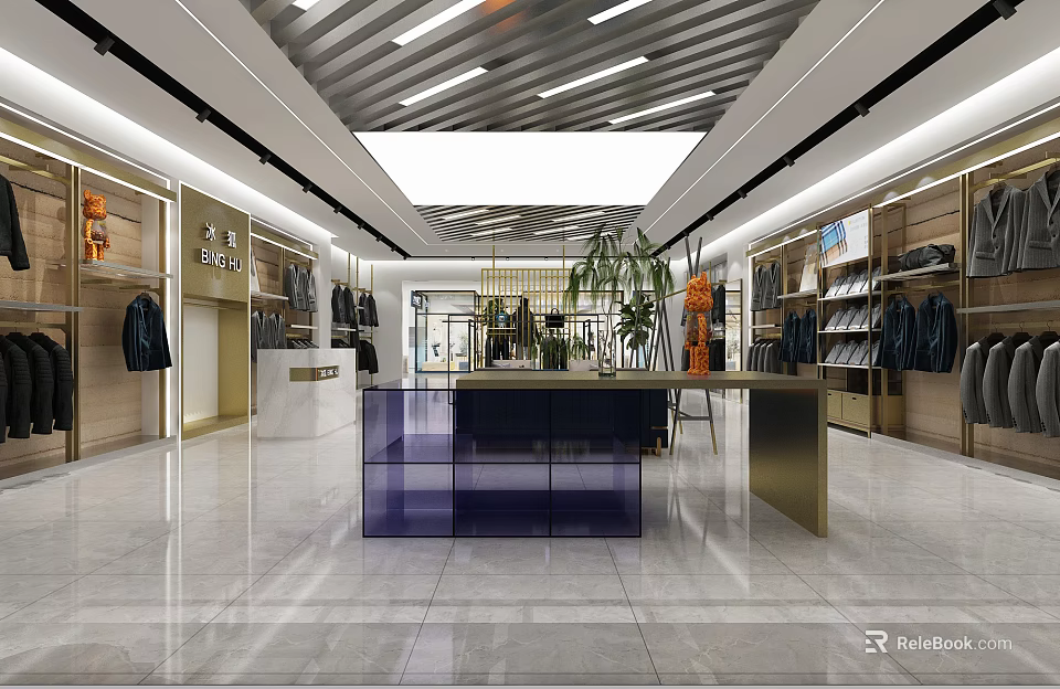 Modern Clothing Store Interior With Stylish Display Racks And Shelves And Green Plants And Lighting 3d model 