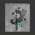 Game Movie Mechanical Character With Blue Glowing Parts Destroying Stone Pillar And Debris