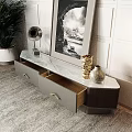 Modern TV Stand With Marble Top Open Drawer And Decorative Vases