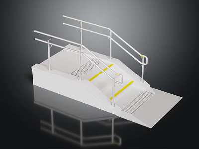 White Staircase Ramp Design With Handrails Yellow Warning Strips And Non Slip Treads 3d model
