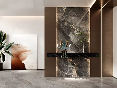Modern Foyer Passageway With Marble Wall And Art Decor 3d model