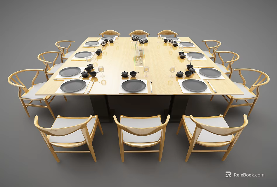 Elegant Wooden Dining Table Set With Multiple Matching Chairs And Tableware Arrangement 3d model