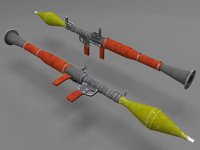 Two Military Rocket Launchers With Green Orange Warheads Gray Tubes And Red Brackets 3d model