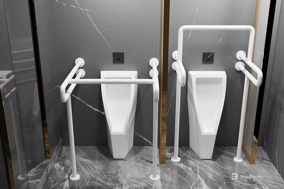 Contemporary Bathroom Interior With White Urinals Safety Grab Bars And Marble Walls 3d model 