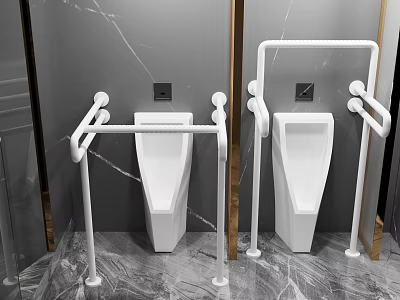 Contemporary Bathroom Interior With White Urinals Safety Grab Bars And Marble Walls 3d model