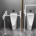 Contemporary Bathroom Interior With White Urinals Safety Grab Bars And Marble Walls
