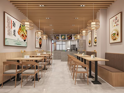 Modern Cozy Restaurant Interior With Wooden Tables Chairs Pendant Lights And Wall Art 3d model