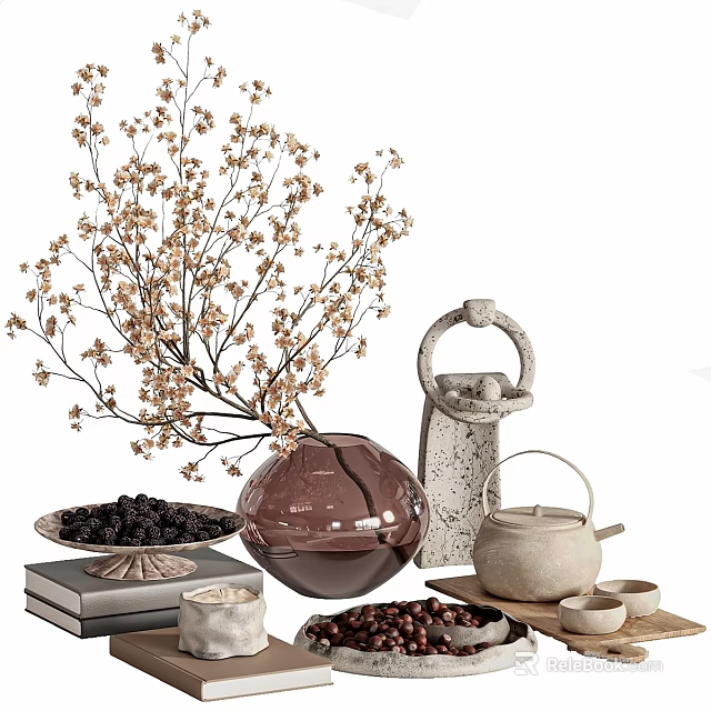 Decorative Ornament Set With Vase Dried Branches Teapot Fruit Plate And Books 3d model 