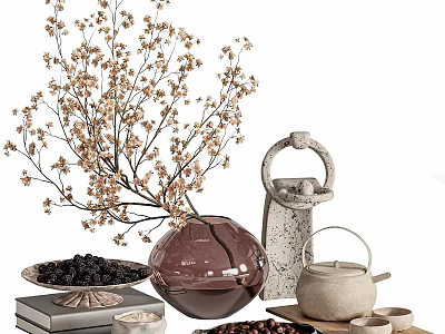 Decorative Ornament Set With Vase Dried Branches Teapot Fruit Plate And Books 3d model
