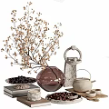 Decorative Ornament Set With Vase Dried Branches Teapot Fruit Plate And Books