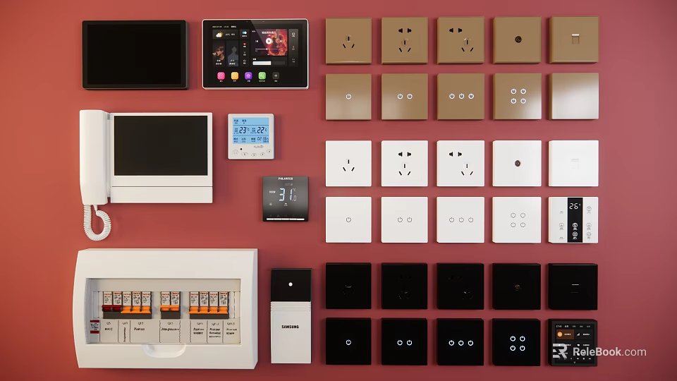 Different Style Electrical Switch Panels In White Black And Gold With Smart Controls 3d model 
