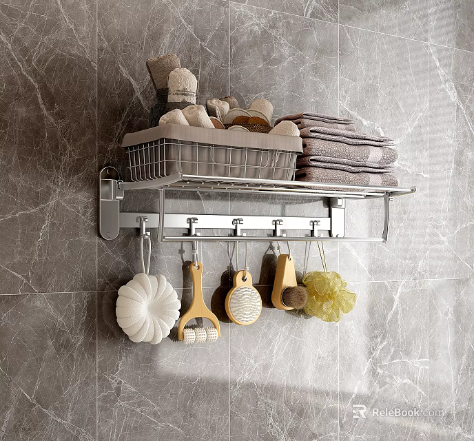 Wall Mounted Metal Bathroom Shelf With Basket Towels Hooks And Cleaning Tools 3d model 