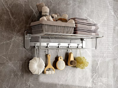 Wall Mounted Metal Bathroom Shelf With Basket Towels Hooks And Cleaning Tools 3d model