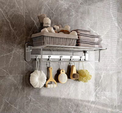 Wall Mounted Metal Bathroom Shelf With Basket Towels Hooks And Cleaning Tools 3d model