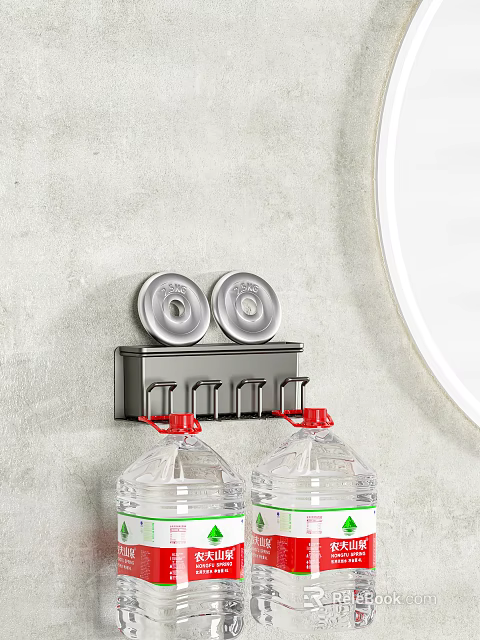 Wall Mounted Storage Rack With Silver Circular Lids Hooks Red Lid Transparent Water Bottles 3d model 