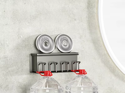 Wall Mounted Storage Rack With Silver Circular Lids Hooks Red Lid Transparent Water Bottles 3d model