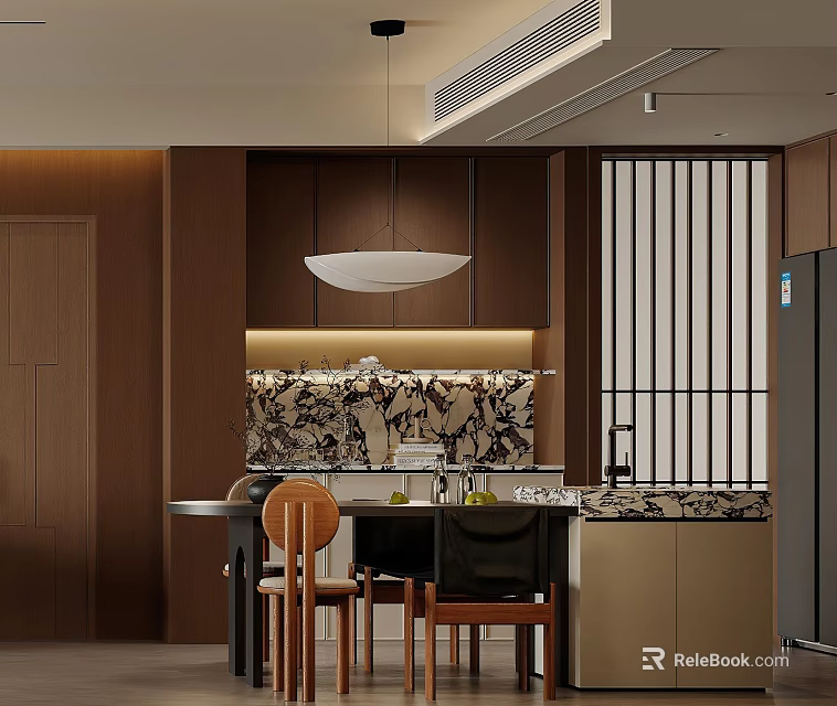 Elegant Modern Restaurant Interior With Wooden Elements Marble Table Comfortable Chairs And Pendant Light 3d model