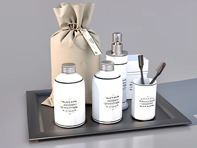 Household Laundry Supplies With White Bottles Jars And Cloth Bag On Tray 3d model