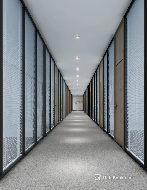 Sleek Office Corridor With Glass Partitions Wooden Door Frames And Ceiling Lights 3d model 