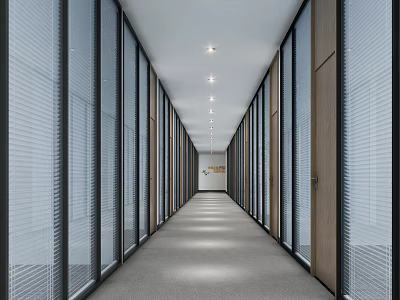 Sleek Office Corridor With Glass Partitions Wooden Door Frames And Ceiling Lights 3d model