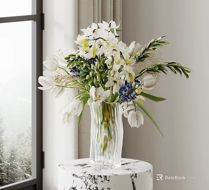 Clear Glass Vase With White Lilies Blue Tulips And Green Leaves On Wooden Table 3d model 