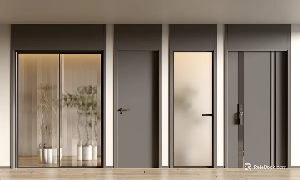 Modern Glass Frosted And Wooden Doors With Dark Gray Frames On Light Flooring 3d model 