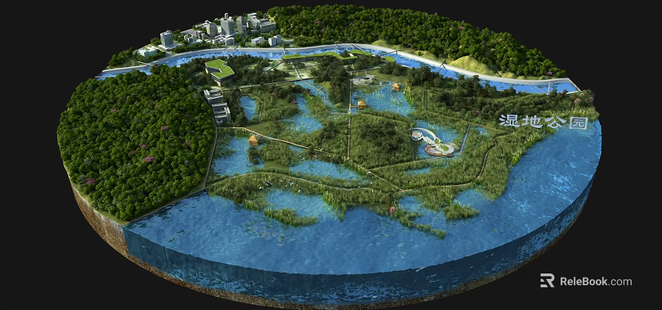 Garden Landscape Design With Water Surrounding Green Space Trees Paths And Distant City Buildings 3d model 