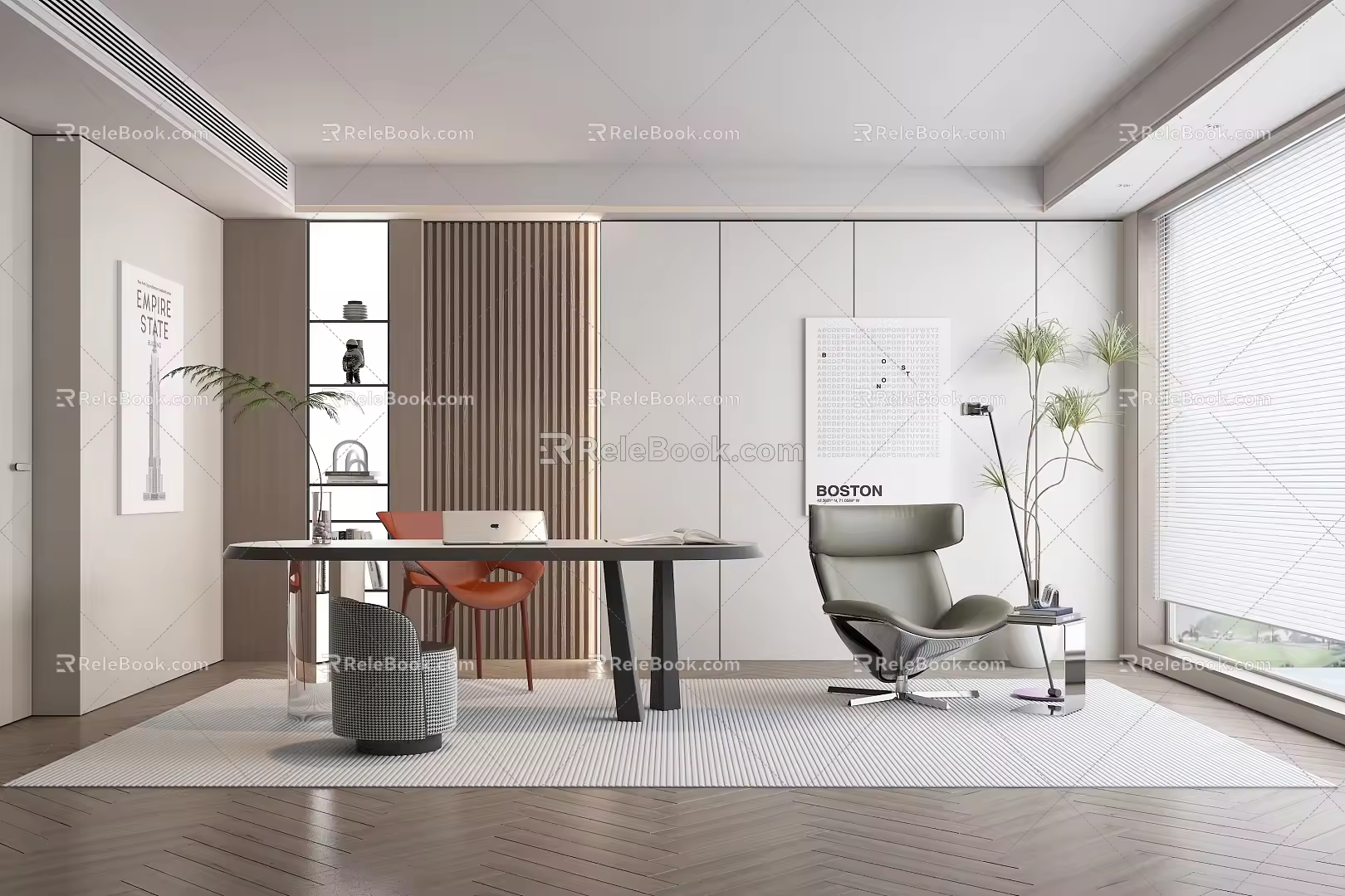 Style Study Desk Chair Computer Bookcase Green Plant Carpet 3d model