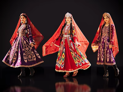 Three Ethnic Women In Traditional Colorful Costumes With Ornate Embroidery And Headscarves 3d model
