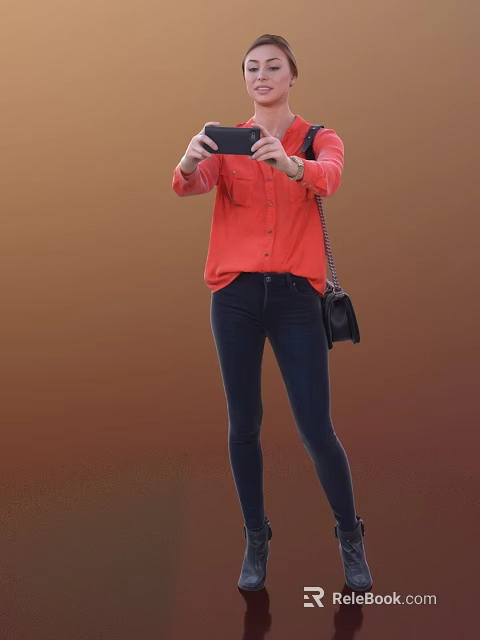 Woman Taking Selfie With Smartphone In Red Shirt And Dark Jeans With Black Bag 3d model 