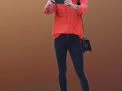Woman Taking Selfie With Smartphone In Red Shirt And Dark Jeans With Black Bag 3d model