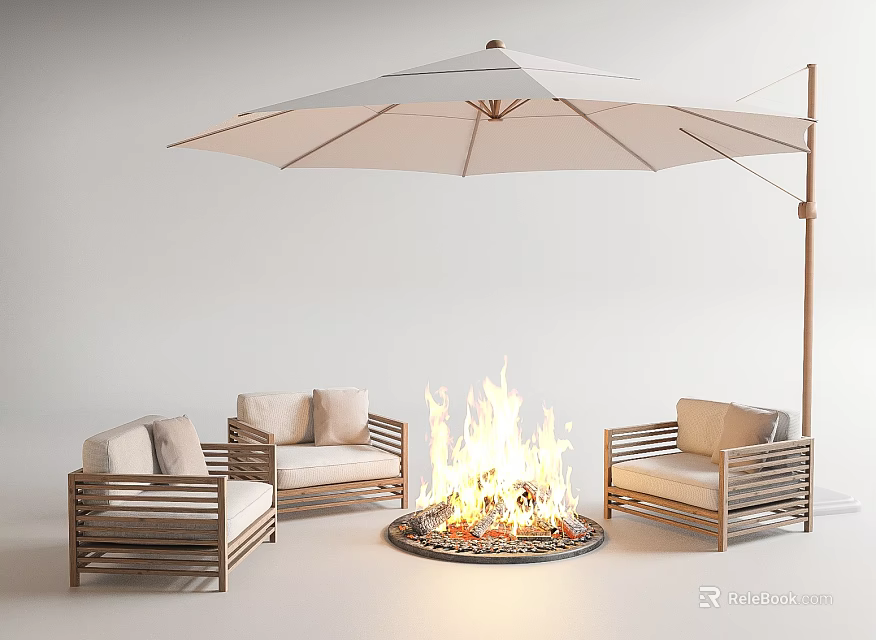 Wooden Frame Outdoor Sofa With Soft Cushions Burning Fire Pit And Large Umbrella 3d model 