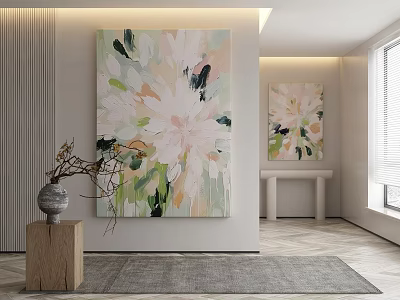Large Abstract Painting in Modern Interior Decor with Smaller Artwork Vase and Wooden Stand 3d model