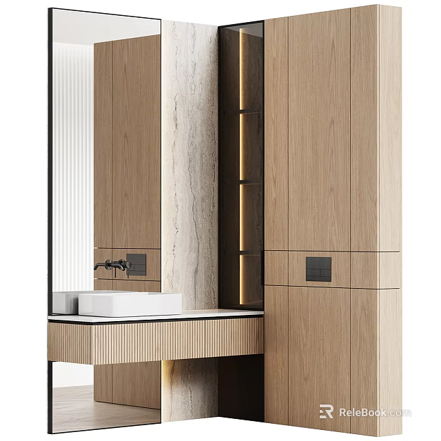 Elegant Modern Wash Basin Design with Wooden Cabinet Marble Backdrop and Mirror Lighting 3d model 