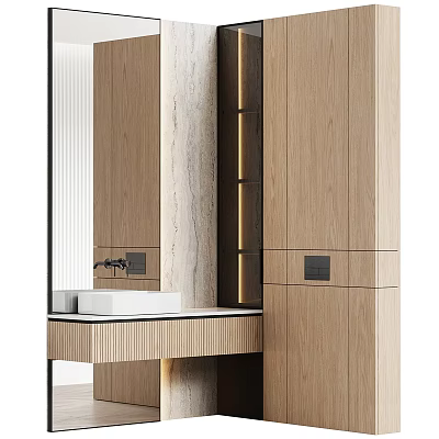 Elegant Modern Wash Basin Design with Wooden Cabinet Marble Backdrop and Mirror Lighting 3d model