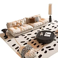 Modern Beige Sofa With Pillows Round Coffee Table And Floor Lamp On Spotted Rug