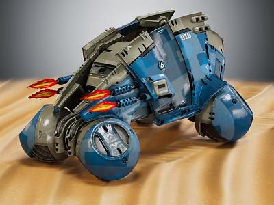 Blue Sci Fi Car With Futuristic Design Flame Details And Large Wheels 3d model