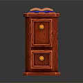 Red Wooden Storage Cabinet With Two Drawers Brass Knobs And Decorative Top