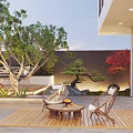 Garden Wall With Waterfall Feature In Outdoor Patio Stone Pathway Lush Trees Greenery