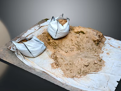 White Bags Filled With Sand Placed On White Cloth With Scattered Sand 3d model