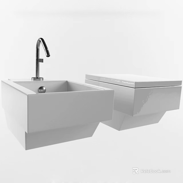 Modern White Wall Mounted Toilet With Sink In Contemporary Bathroom 3d model 