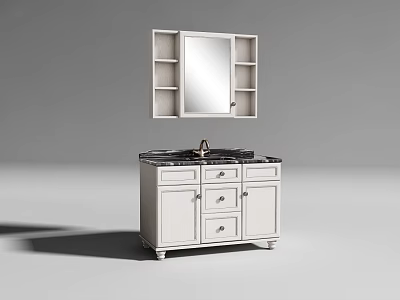 White Modern Bathroom Vanity Cabinet With Mirror Marble Countertop And Drawers 3d model