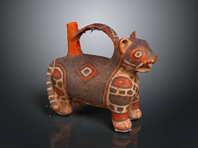 Traditional Animal Shaped Pottery Sculpture Carving with Colorful Geometric Patterns and Decorative Handle 3d model